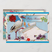 BLAUE VERGESSEN MICH NOCH, STORK BABY DUSCHMONOGRA EINLADUNG (Vorne/Hinten)