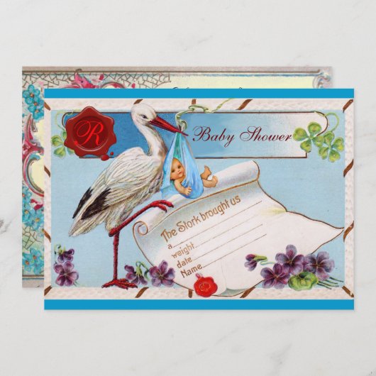 BLAUE VERGESSEN MICH NOCH, STORK BABY DUSCHMONOGRA EINLADUNG (Vorne/Hinten)