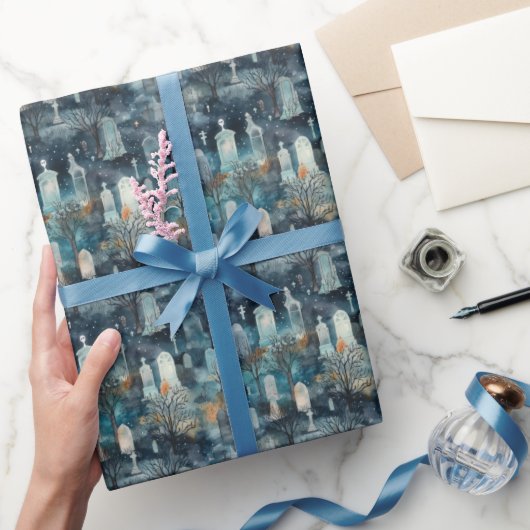 Blaue verlassene Mitternachts-Friedhof-Wasserfarbe Geschenkpapier (Schenken)