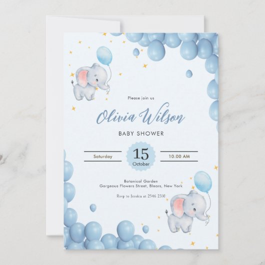 Blaue verspielt Elefanten Einladung (Vorderseite)
