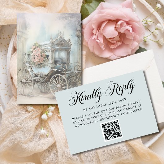 Blaue Verzauberte Kutsche Märchenhochzeit QR Code RSVP Karte