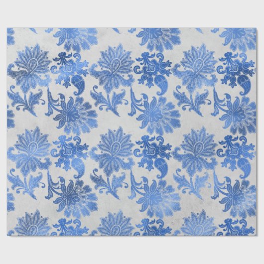 Blaue Verzierte Blume in Weiß Geschenkpapier (Flach)