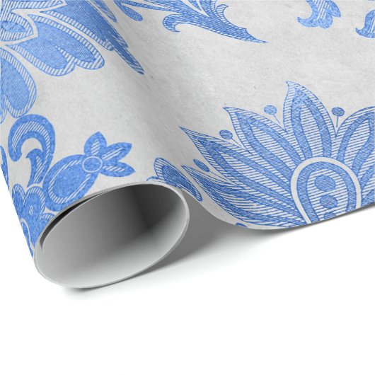 Blaue Verzierte Blume in Weiß Geschenkpapier (Rolleneckpunkt)