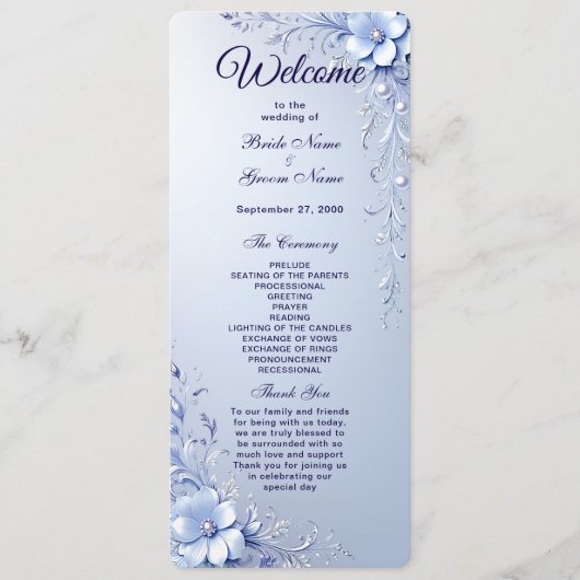 Blaue Verzierte Blumen mit Perlen Hochzeitsprogram Programm (Vorderseite)