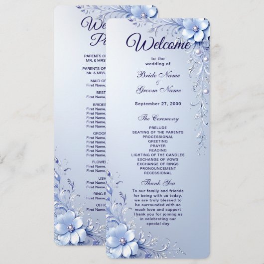 Blaue Verzierte Blumen mit Perlen Hochzeitsprogram Programm (Vorne/Hinten)
