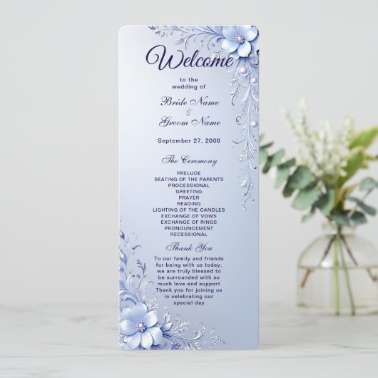 Blaue Verzierte Blumen mit Perlen Hochzeitsprogram Programm (Stehend Vorderseite)
