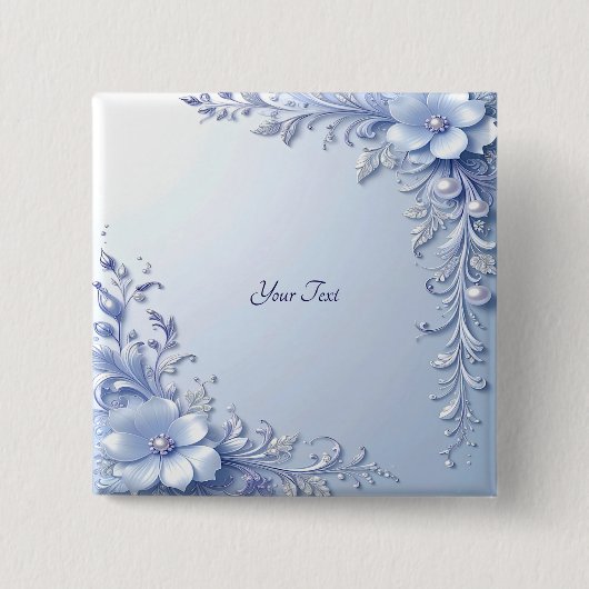Blaue Verzierte Blumen mit Perlen Knopf Button (Vorderseite)