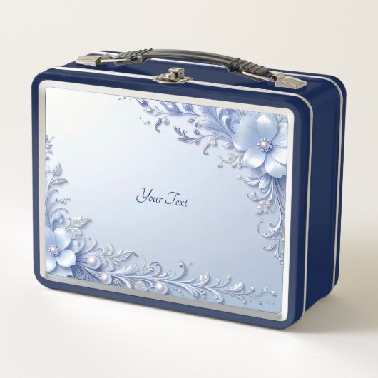 Blaue verzierte Blumen mit Perlen Lunchbox (Vorderseite)