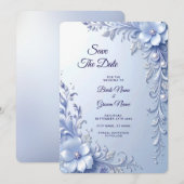 Blaue Verzierte Blumen mit Perlen Save The Date (Vorne/Hinten)