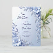 Blaue Verzierte Blumen mit Perlen Save The Date (Stehend Vorderseite)