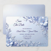 Blaue Verzierte Blumen mit Perlen Save The Date (Vorne/Hinten)