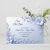 Blaue Verzierte Blumen mit Perlen Save The Date (Stehend Vorderseite)