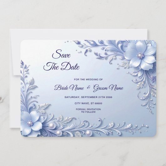 Blaue Verzierte Blumen mit Perlen Save The Date (Vorderseite)