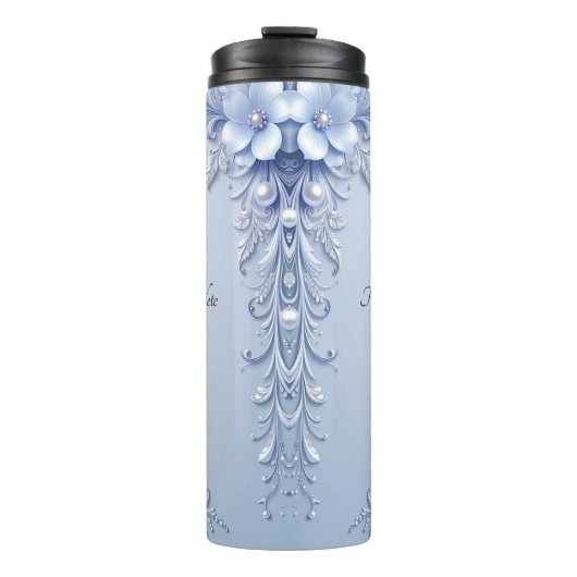Blaue verzierte Blumen mit Perlen Thermosbecher (Vorderseite)