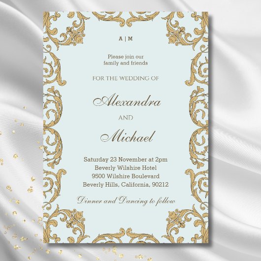 Blaue Verzierte Monogramm Barockfeier Hochzeit Einladung