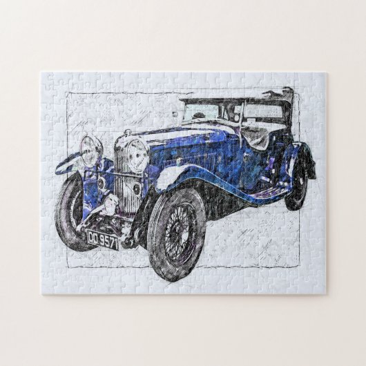 Blaue Vintage Auto-Illustration Zeichnend Puzzle (Horizontal)