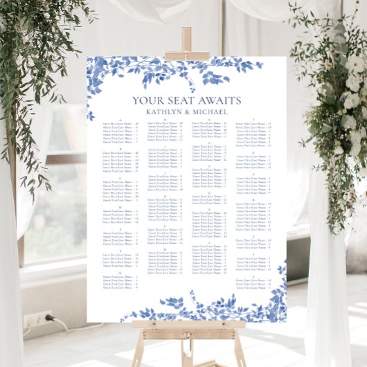 Blaue Vintage blühende Alphabetische Hochzeitssitz Poster