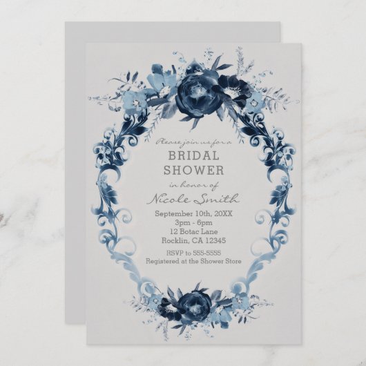 Blaue Vintage Blume Elegantes Brautparty Einladung (Vorne/Hinten)