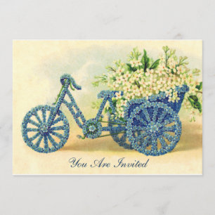 Blaue Vintage-Blumen-Dreirad-Einladung Einladung