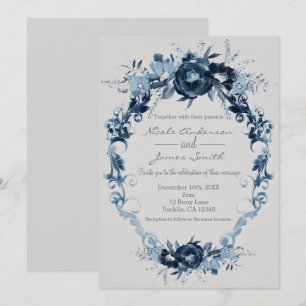 Blaue Vintage-Blumen Elegante Florale Hochzeit Einladung