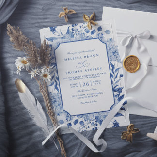 Blaue Vintage-Blumen Elegante Moderne Schicke Hoch Einladung