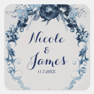 Blaue Vintage-Blumen Elegantes Florales Hochzeitsg Quadratischer Aufkleber