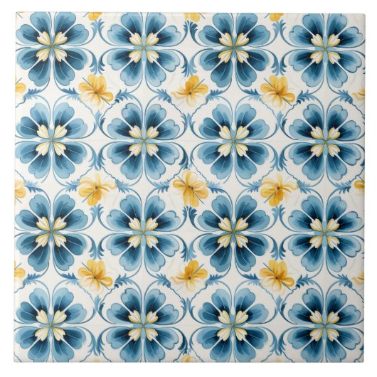Blaue Vintage-Blumen Eleganz Fliese (Vorderseite)