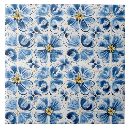Blaue Vintage-Blumen Fliese (Vorderseite)