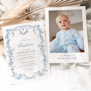 Blaue Vintage-Blumen-Jungen-Taufe-Foto Einladung