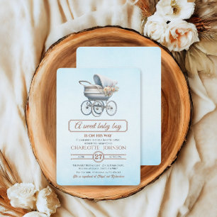 Blaue Vintage-Blumen-Kinderwagen-Baby-Party Einladung