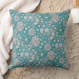 Blaue Vintage-Blumen mit Silberlaub Kissen