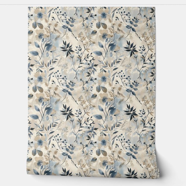 Blaue Vintage-Blumen neutral Tapete (Abrollen)