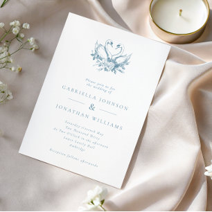 Blaue Vintage-Blumen-Schwäne-Hochzeit Einladung