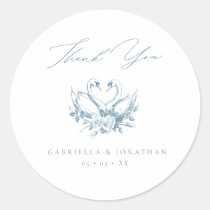 Blaue Vintage-Blumen-Schwäne-Script-Hochzeit-Danke Runder Aufkleber