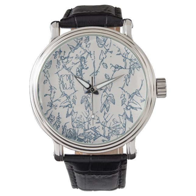 Blaue Vintage-Blumen-Skizzenmuster eWatch Uhr (Vorderseite)