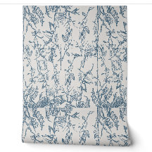 Blaue Vintage-Blumen-Skizzenmuster-Tapete
