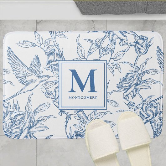 Blaue Vintage-Blumen-Toile de Jouy französisches M Badematte