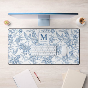 Blaue Vintage-Blumen-Toile de Jouy französisches M Schreibtischunterlage