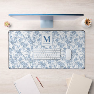 Blaue Vintage-Blumen-Toile de Jouy französisches M Schreibtischunterlage