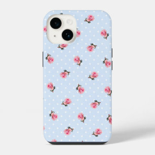 Blaue Vintage-Blumen und Punkte iPhone 14 Hülle