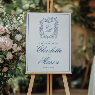 Blaue Vintage-Blumen-Wappen-Hochzeit Elegante Begr Poster