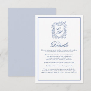 Blaue Vintage-Blumen-Wappen-Hochzeits-Detailkarte Begleitkarte