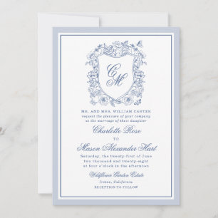 Blaue Vintage-Blumen-Wappen-Hochzeitseinladung Einladung
