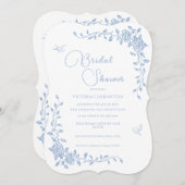 Blaue Vintage Blumendusche Einladung (Vorne/Hinten)