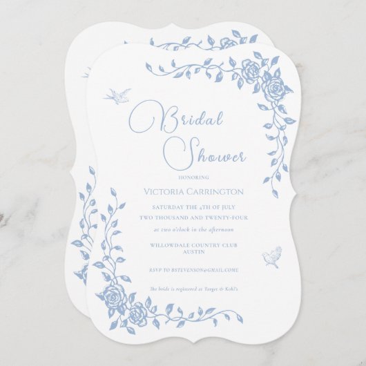 Blaue Vintage Blumendusche Einladung (Vorne/Hinten)