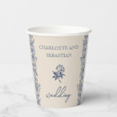 Blaue Vintage Blumenhochzeit Pappbecher (Rückseite)