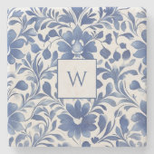 Blaue Vintage-Blumenmonogramm-Steinuntersetzer Steinuntersetzer (Vorderseite)