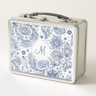 Blaue Vintage-Blumenmuster-Monogramm-Lunchbox Metall Brotdose
