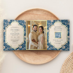 Blaue Vintage-Blumenmuster-QR-Code-Indische Hochze Dreifach Gefaltete Einladung