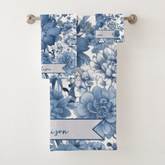Blaue Vintage-Chinoiserie-Blumenmuster Personalisi Badhandtuch Set